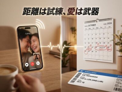 「距離は試練、愛は武器」のメッセージと共に、ビデオ通話中のカップル、再会を待つカレンダーと航空券。