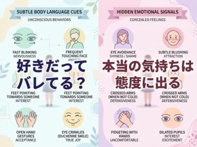 「好きだってバレてる？」「本当の気持ちは態度に出る」という身体言語と感情のサインを示すインフォグラフィック。