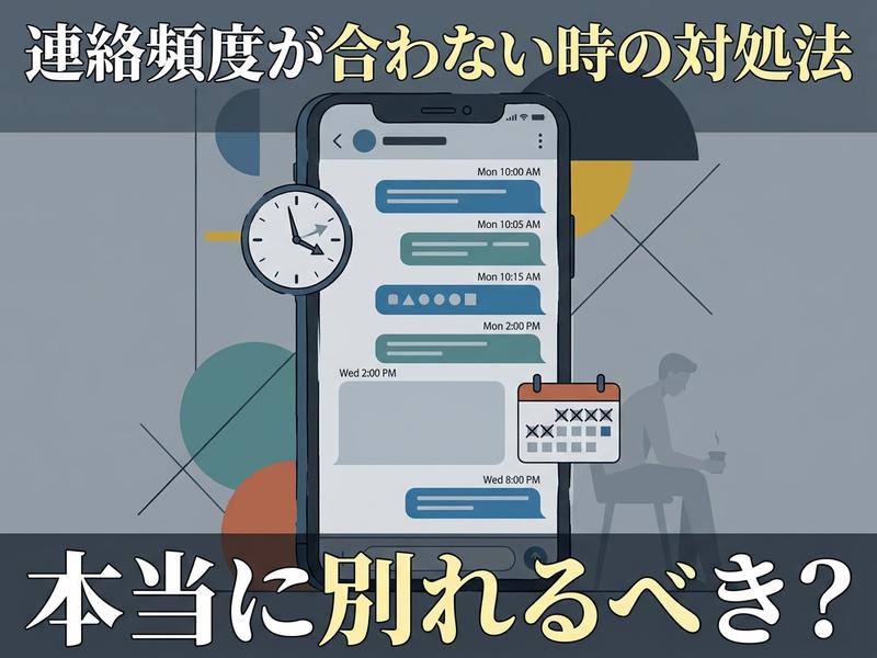 連絡頻度の違いに悩む人が、スマホのチャットと時計・カレンダーを見て別れを検討している。