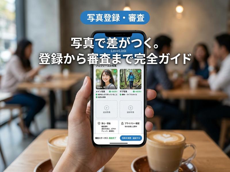 スマホでプロフィール写真の登録・審査ガイド画面を表示する様子。(33文字)