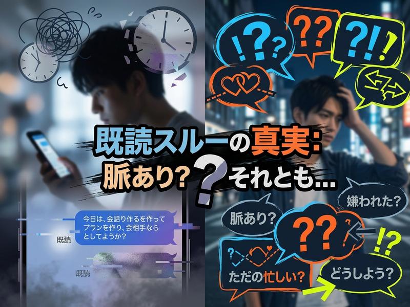 既読スルーの心理を描いた画像。男性がスマホを見ながら悩む。