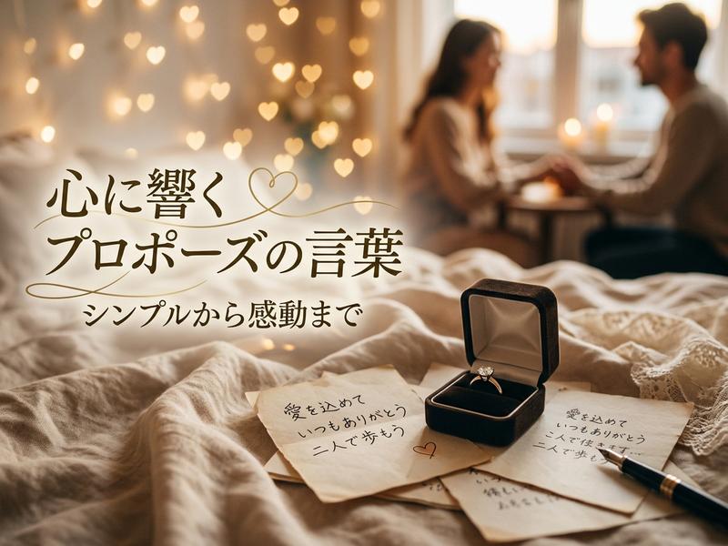 プロポーズの婚約指輪と手書きメッセージ、奥にはカップル。