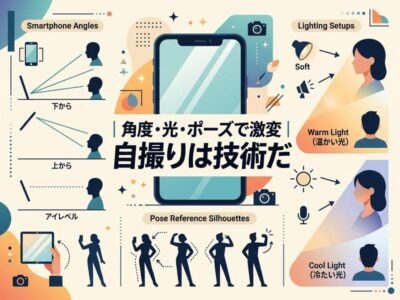 自撮りを上手に撮るコツ。角度、光、ポーズの例を解説するイラスト。