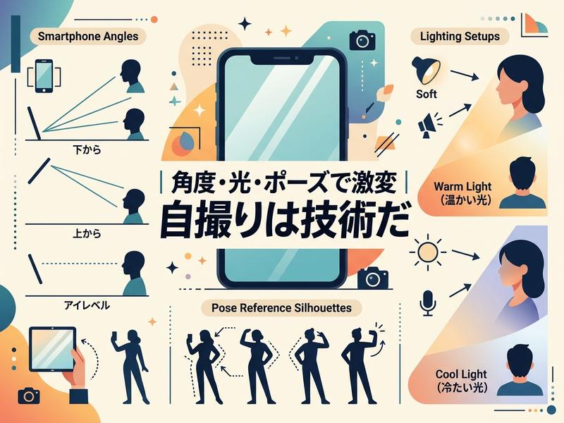 自撮りを上手に撮るコツ。角度、光、ポーズの例を解説するイラスト。