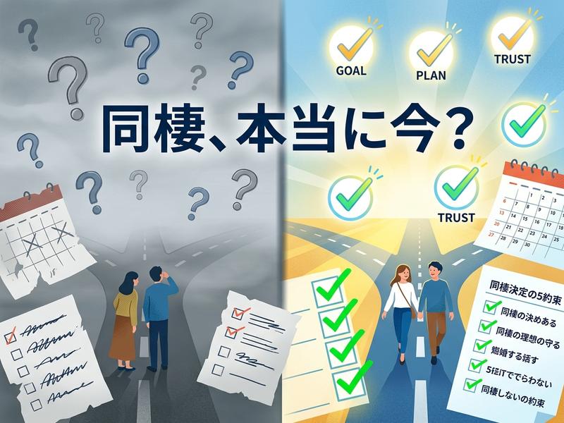 同棲の決断についての迷いと、計画・信頼がある安心感を対比したイラスト。
