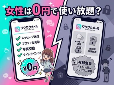 ワクワクメールの男女別料金比較。女性は0円で使い放題、男性は有料。