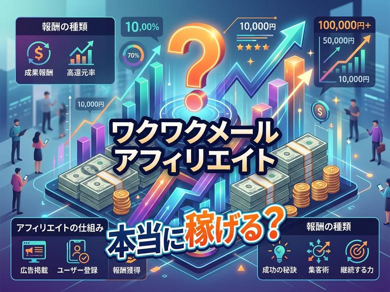 「ワクワクメールアフィリエイト」の報酬や仕組み、本当に稼げるかを問うイラスト。