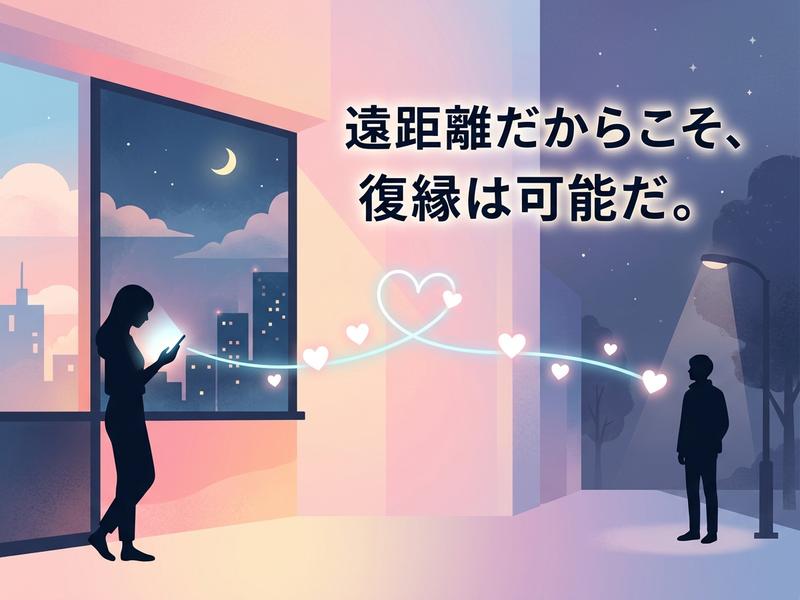 「遠距離だからこそ、復縁は可能だ」のメッセージと、スマホを見る女性と男性がハートで繋がるイラスト。
