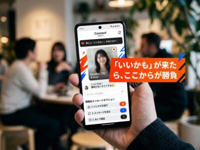 手に持つスマホに映るマッチングアプリ画面。「いいかも」が来たら、ここからが勝負。