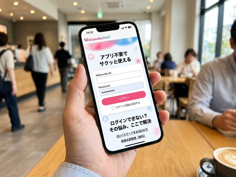 カフェで、アプリ不要のワクワクメールログイン画面を表示したスマホを持つ手。