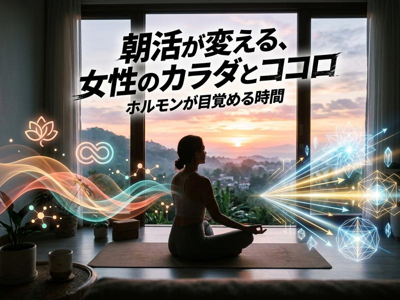 朝日に向かって瞑想する女性。ホルモンが目覚める朝活のイメージ。（40文字）