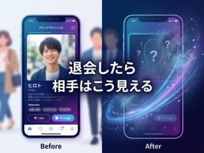 マッチングアプリで退会すると相手のプロフィールが不明になる画面の比較。