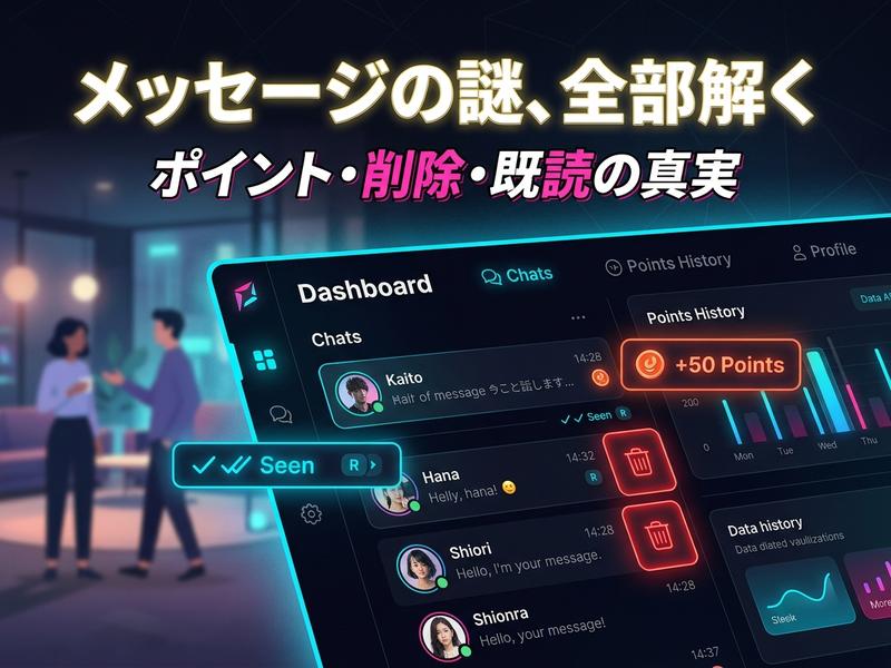 メッセージの謎を解く！アプリの既読・削除・ポイント機能画面。