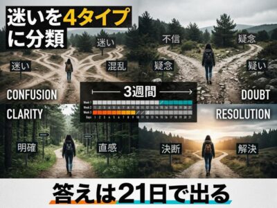 迷いを4タイプに分類し、21日で決断・解決に至る過程を示すイラスト。