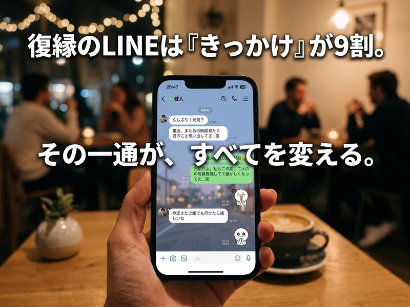 復縁をテーマにしたLINE画面のスマホと、背景の飲食店。