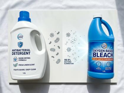 洗剤と酸素系漂白剤のボトルが並んでいる写真