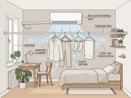 ワンルームでエアコンの下に洗濯物を干す一人暮らしの部屋