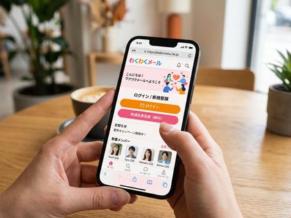 スマートフォンのブラウザでワクワクメール web版のトップ画面を開いている女性の手元、800px×600px