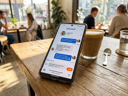 スマートフォンでメッセージ画面を開いている20代女性の手元。カフェのテーブル、明るい自然光、800×600