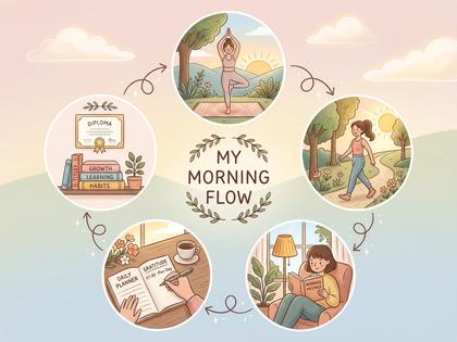 朝のカフェでノートを開いて読書する女性の写真