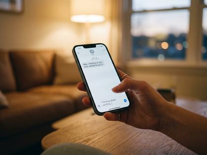 スマートフォンのトーク画面を見つめながら送信を迷っている20代女性、室内、やわらかい自然光、800×600