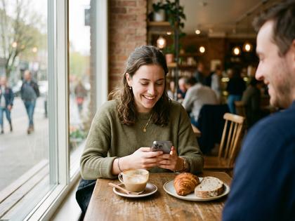 カフェのテーブルでコーヒーを前に楽しそうに話す男女のイメージ