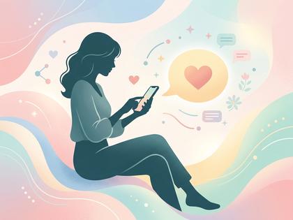 カフェのテーブルでスマホにメッセージを打ち込む女性の手元、ノートとコーヒー、800×600
