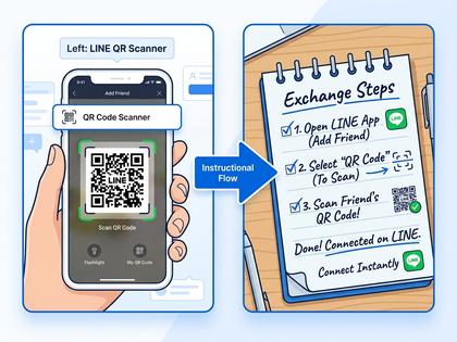 LINEのQRコード画面を表示したスマートフォンと、交換手順を書いたメモ、800×600