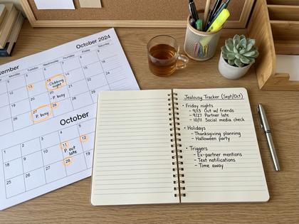 ノートに手書きでメモを取る女性の手元、カフェのテーブル、800×600