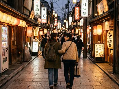 街中で腕を組んで歩く女性2人の後ろ姿、夕方の商店街