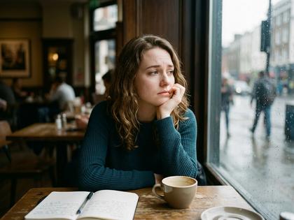 カフェの窓際で頬杖をつきながら考えごとをしている20代女性、800px×600px