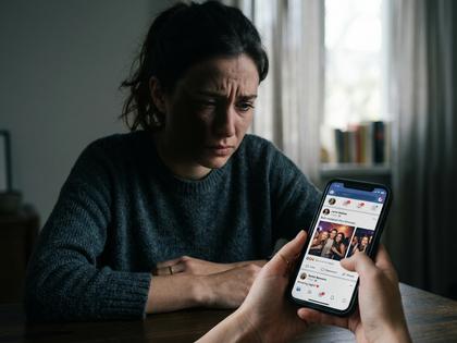 スマートフォンのSNS画面を見つめて表情が曇っている女性の手元、800px×600px
