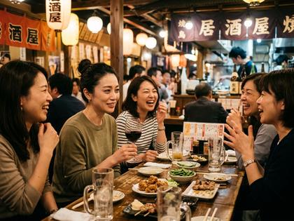 居酒屋の個室で笑顔を作りながらグラスを持つ30代女性、周囲は談笑するママ友たち、やや疲れた表情