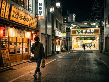 夜の居酒屋を早めに出て駅に向かう女性の後ろ姿、街灯の明かり