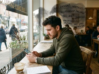 スマホを見つめながら不安そうな表情を浮かべる20代後半の男性、カフェの窓際、自然光、800x600
