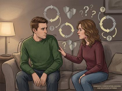 カップルがソファに並んで座っているが、男性だけ視線を落としている様子、室内、柔らかい照明、800x600