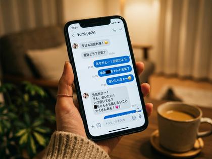 スマホのメッセージ画面を見て微笑む女性の手元、カジュアルな室内