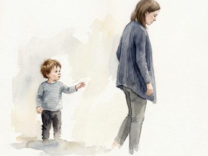 幼い子どもが親に手を伸ばしかけて途中でやめている、やわらかいイラスト風のイメージ。800px×600px