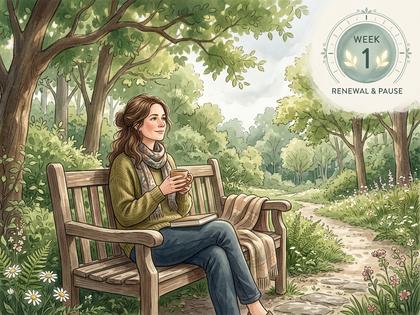 休日の公園でベンチに座り、本を読みながら深呼吸する女性の後ろ姿、800px × 600px