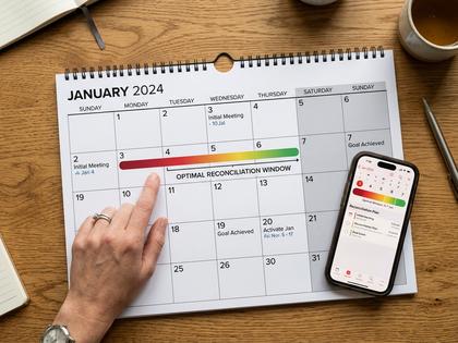 カレンダーとスマートフォンを並べて置き、日数を確認している手元のアップ