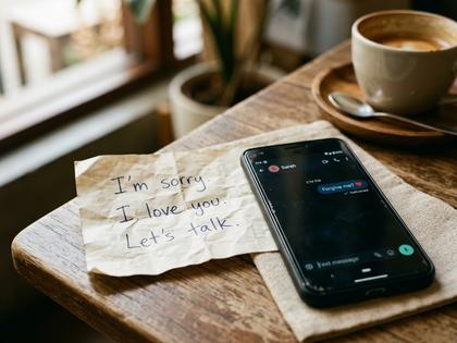 カフェでノートに気持ちを書き出している女性の手元と、置かれたコーヒーカップ