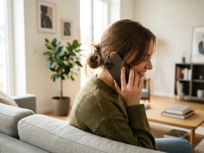 スマートフォンを耳に当てて笑顔で通話している20代女性、明るい部屋、800×600