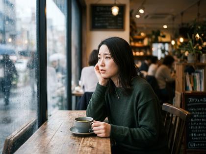 カフェの窓際で紅茶を前にひとり考え込む20代後半の日本人女性、800px×600px
