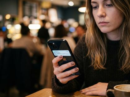 スマートフォンの通知画面を無表情で見つめる女性の手元、800px×600px