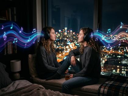 夜の部屋でヘッドホンをして音楽を聴きながら窓の外を眺める女性、800px×600px