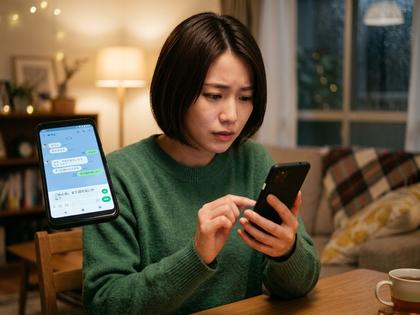 スマホを手に持ってLINEの画面を見つめ、送信をためらっている20代女性の横顔。部屋の明かりは暖色、800px×600px