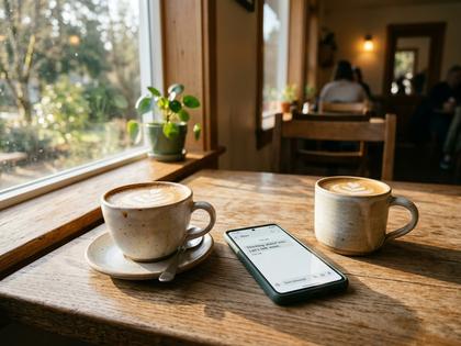 カフェのテーブルで向かい合って話す男女の手元、コーヒーカップ2つ、800px×600px