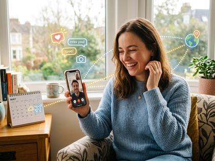 スマホでビデオ通話をしながら微笑む20代女性、部屋の窓際、自然光、800px×600px