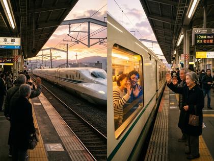駅のホームで新幹線を待ちながら笑顔で手を振るカップル、800px×600px