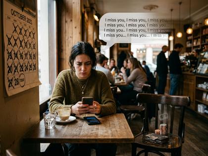 スマホの画面を見つめてため息をつく女性、カフェの窓際、800px×600px